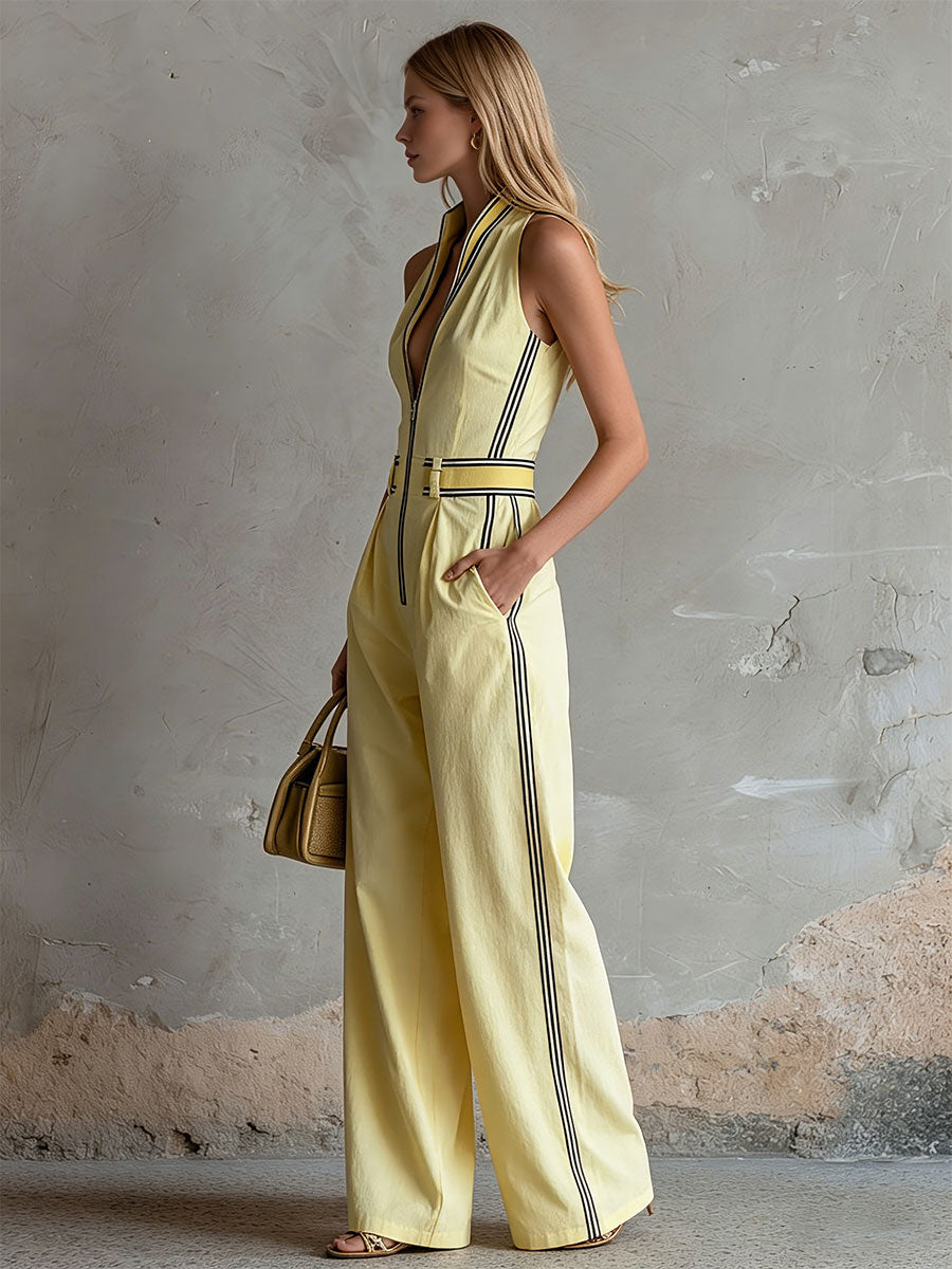Casual Retro Color-blocked Yellow Cotton Linen Sleeveless Wide-leg Jumpsuit