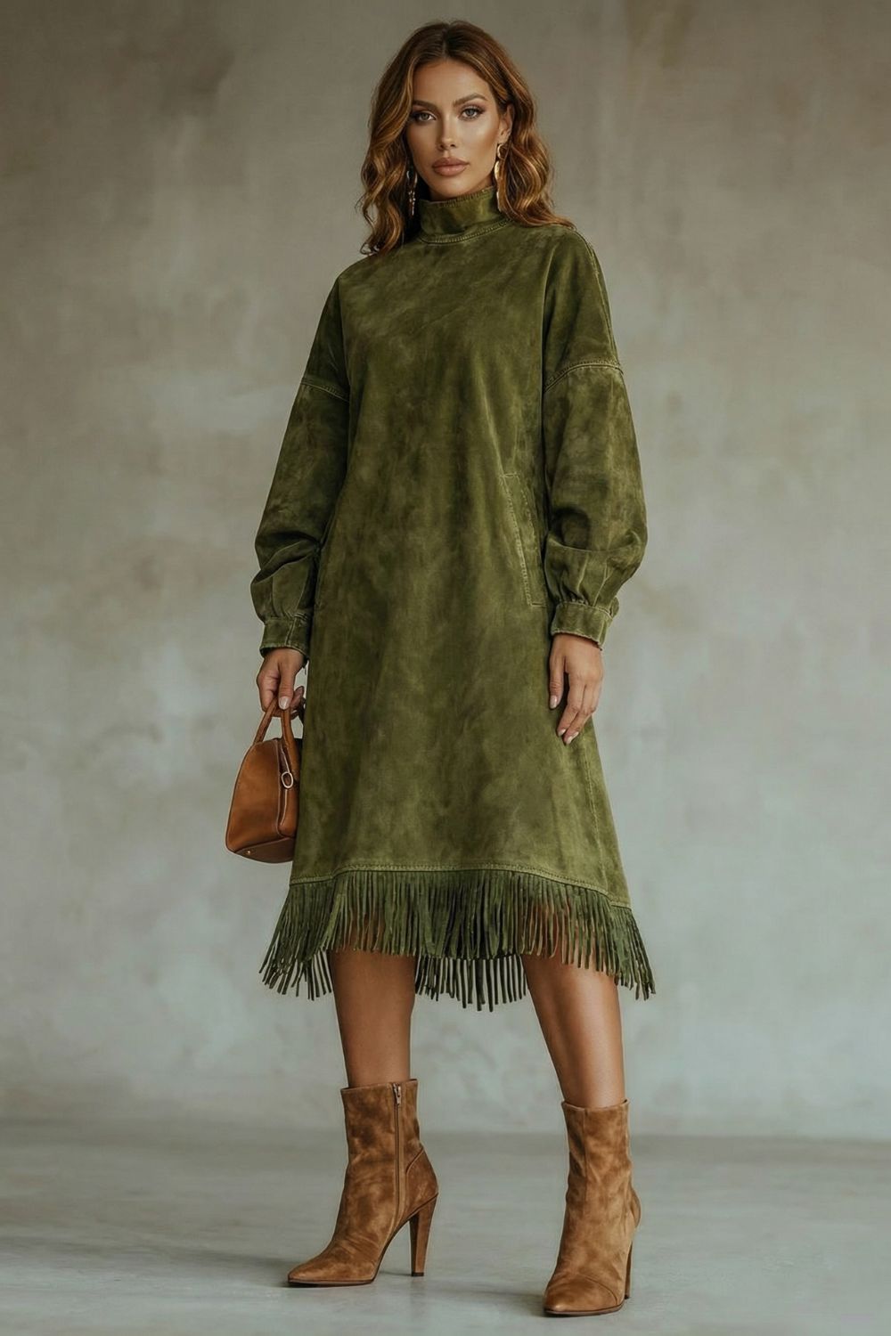 Valdrina – Suede fringe detail – Midi turtleneck dress