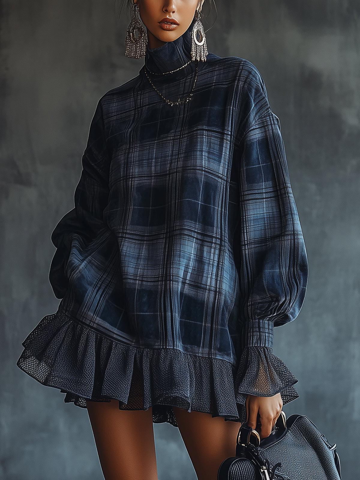 Anders – Ruched sleeve detail – Plaid mini dress