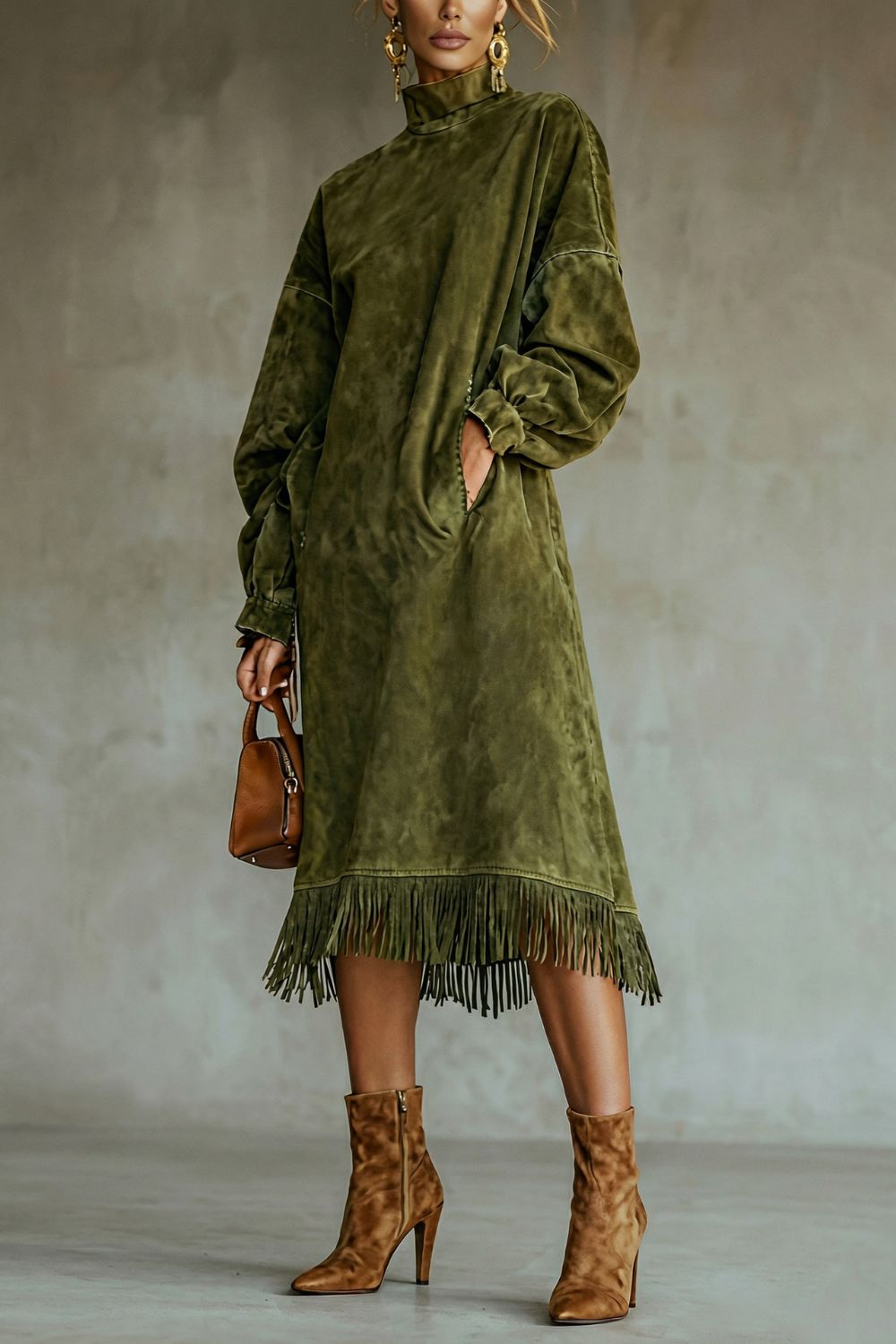 Valdrina – Suede fringe detail – Midi turtleneck dress