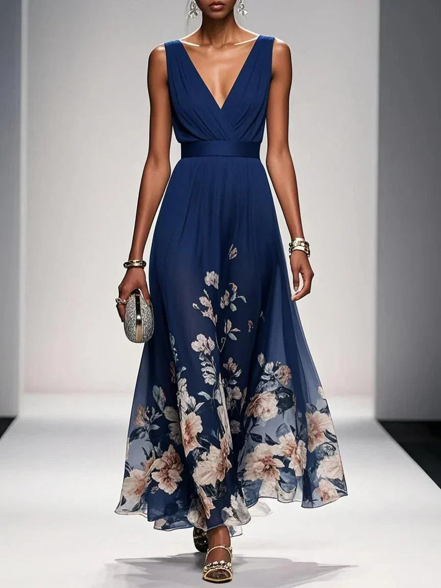 Rosa - Floral Chiffon V-Neck Maxi Dress