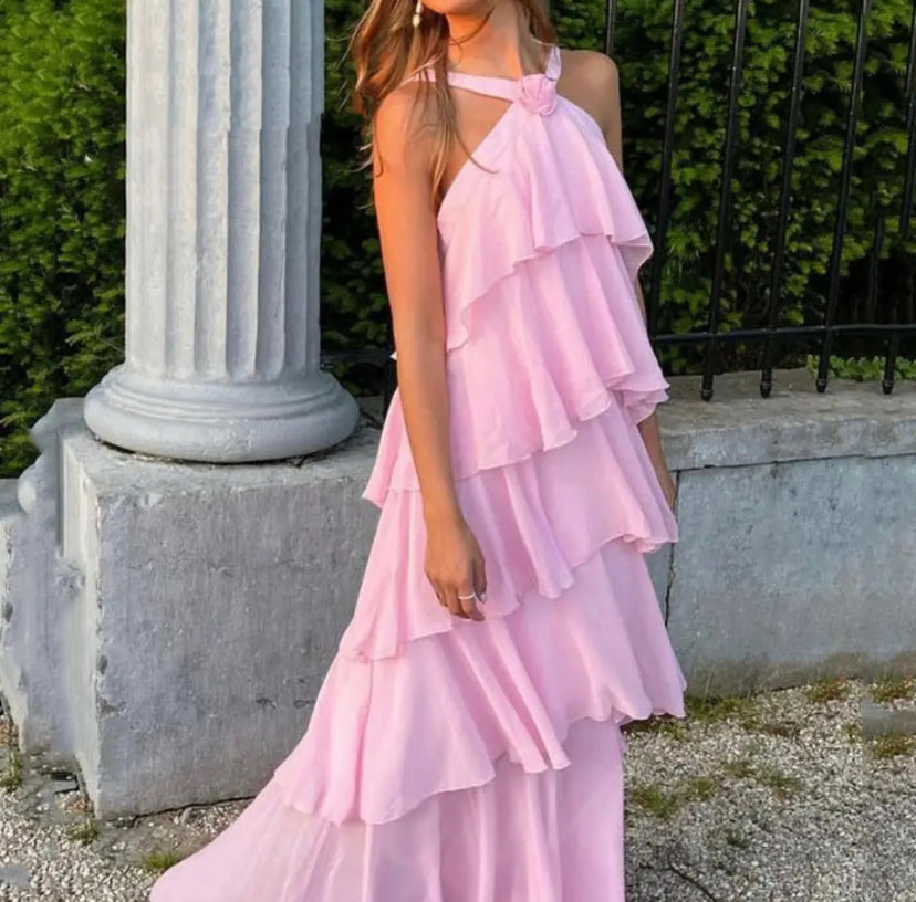 Clara | Halterneck Ruffle Maxi Dress