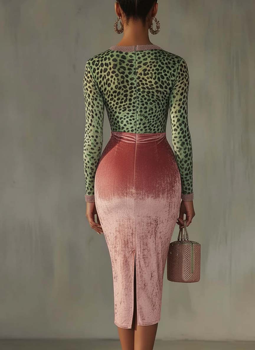 Virelline – Leopard velvet contrast – Bodycon midi dress