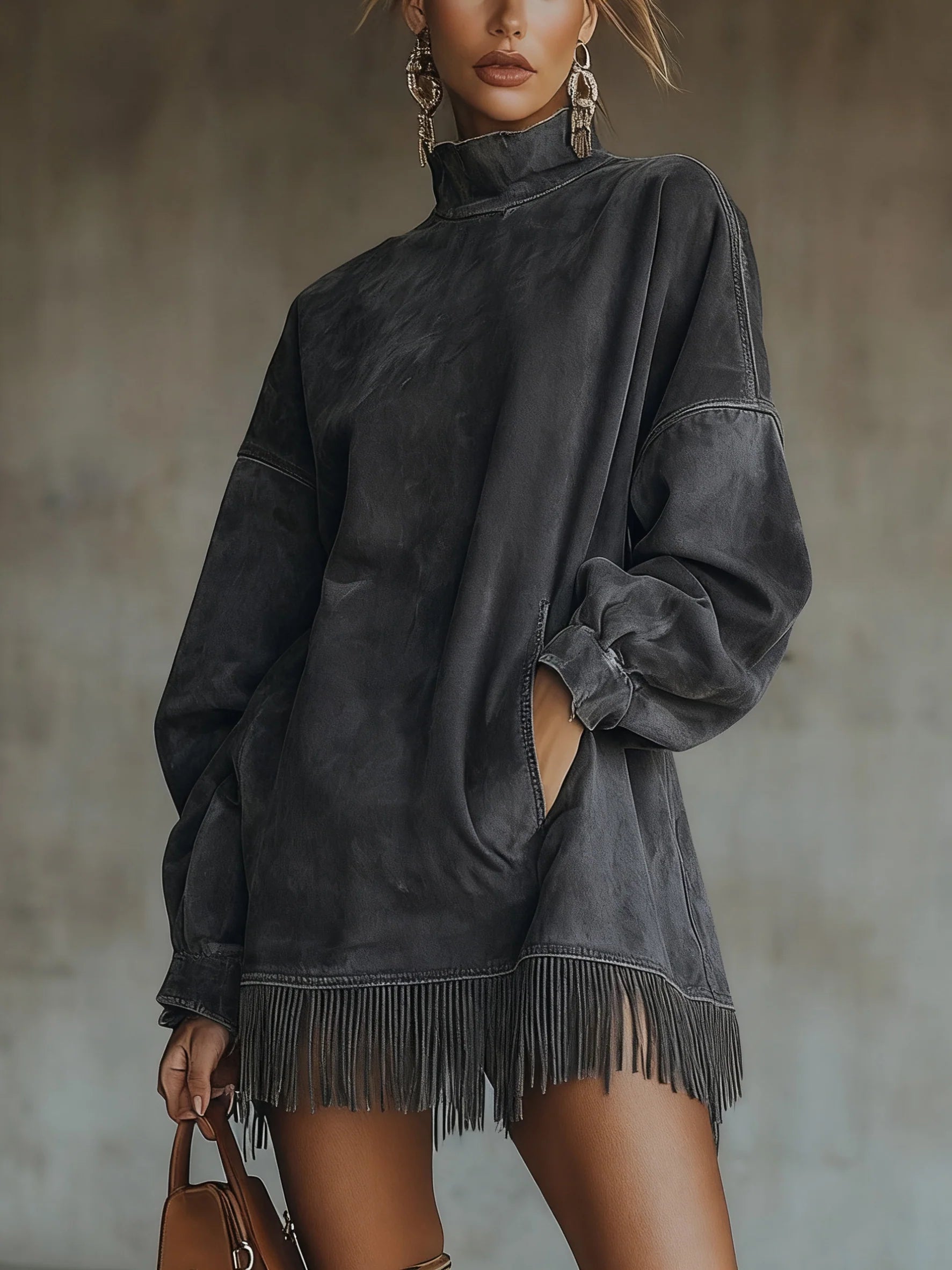 Daphne | Suede Fringed Turtleneck Dress