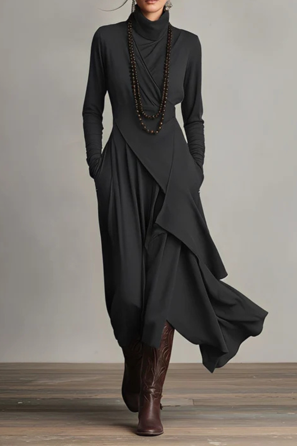 Sorellia – Draped asymmetry – High-neck midi dress