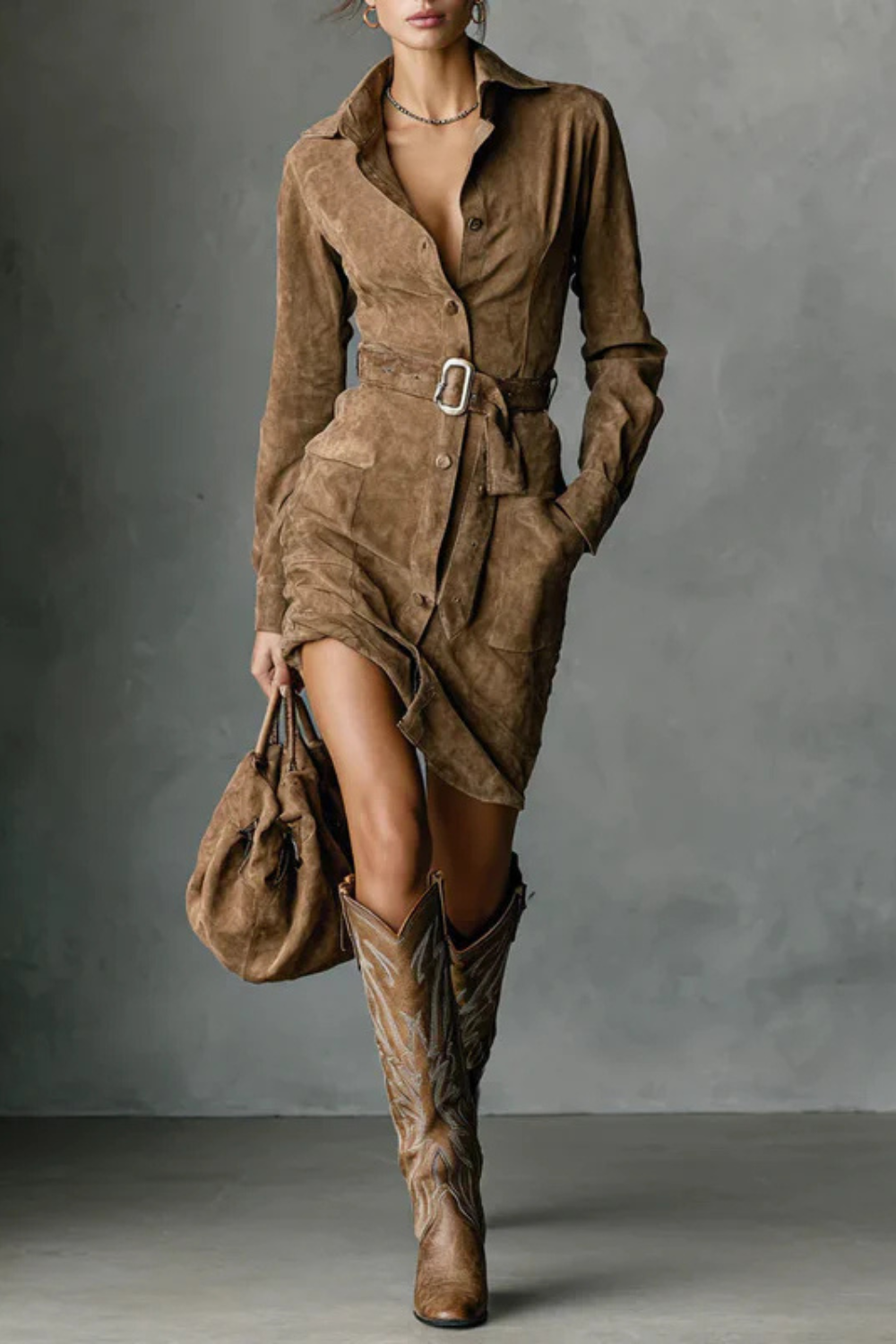 Vellessa – Belted silhouette – Suede midi dress