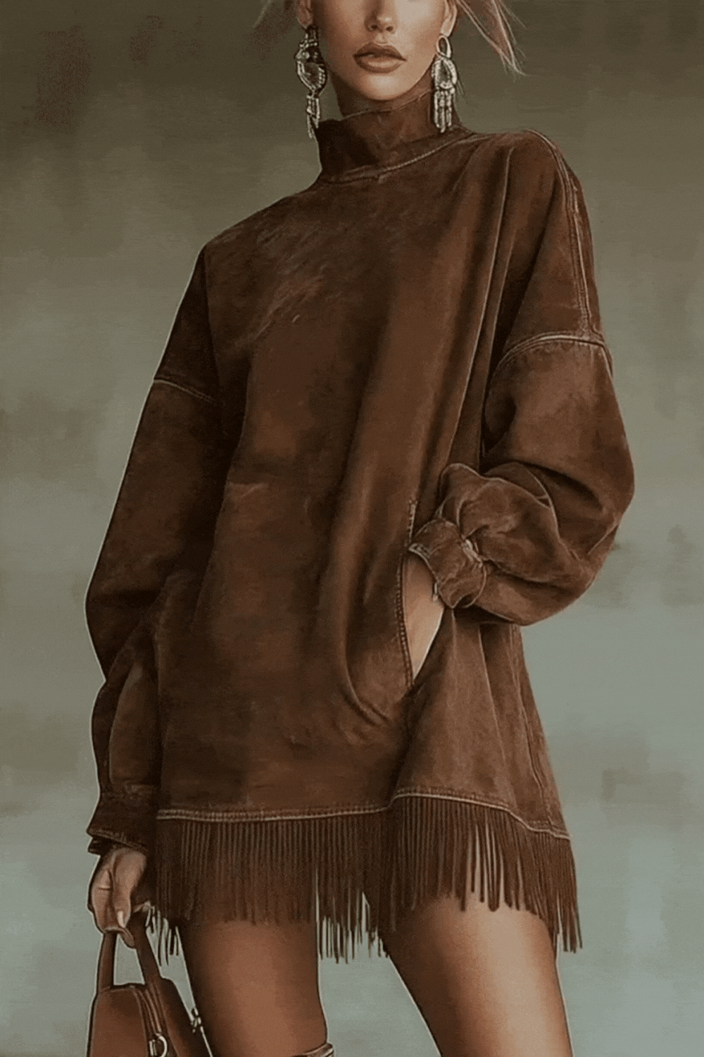 Viretta – Suede fringe detail – Turtleneck mini dress