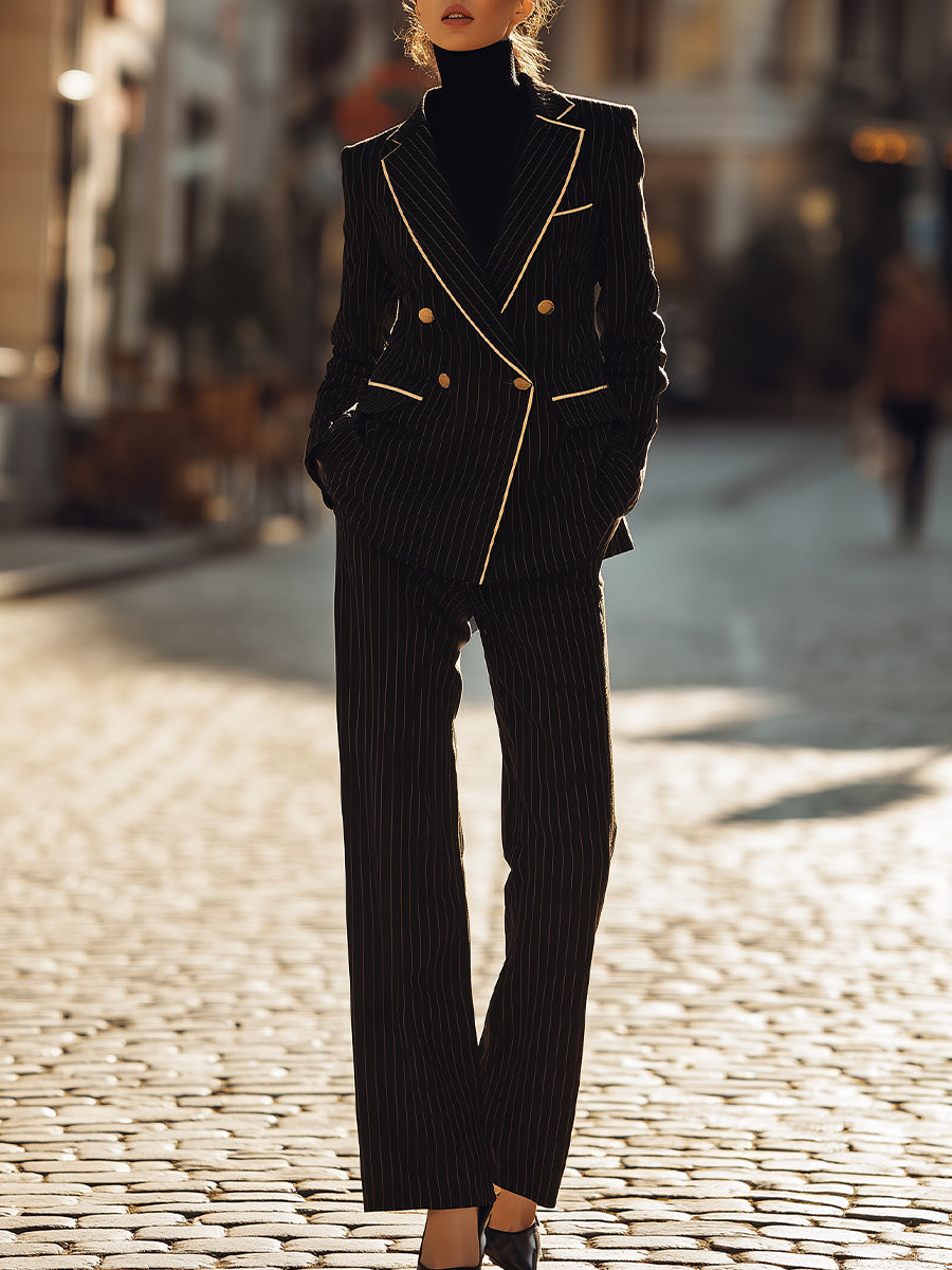 Isolde | Black Pinstripe Suit with Contrast Trim