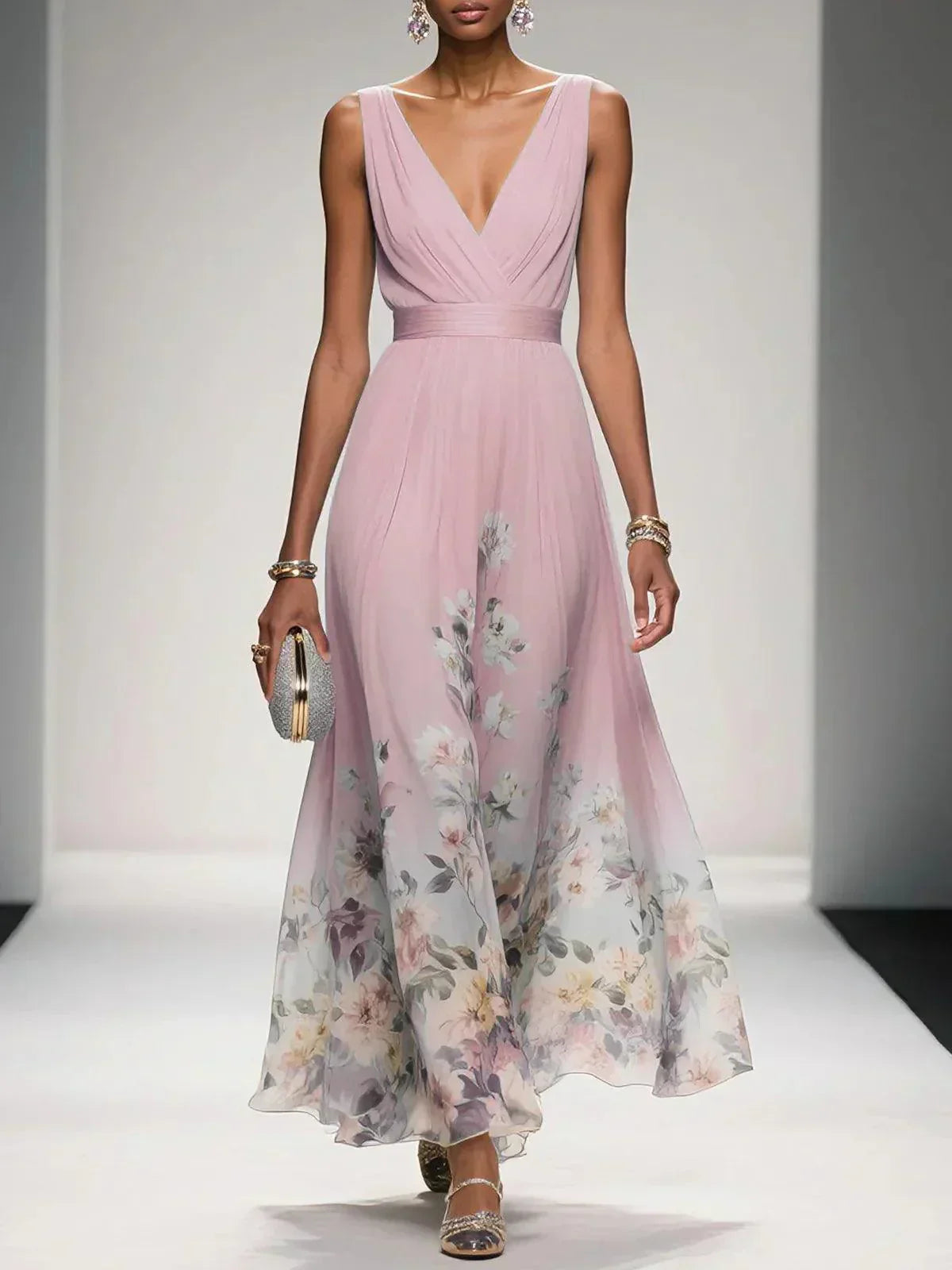 Rosa - Floral Chiffon V-Neck Maxi Dress