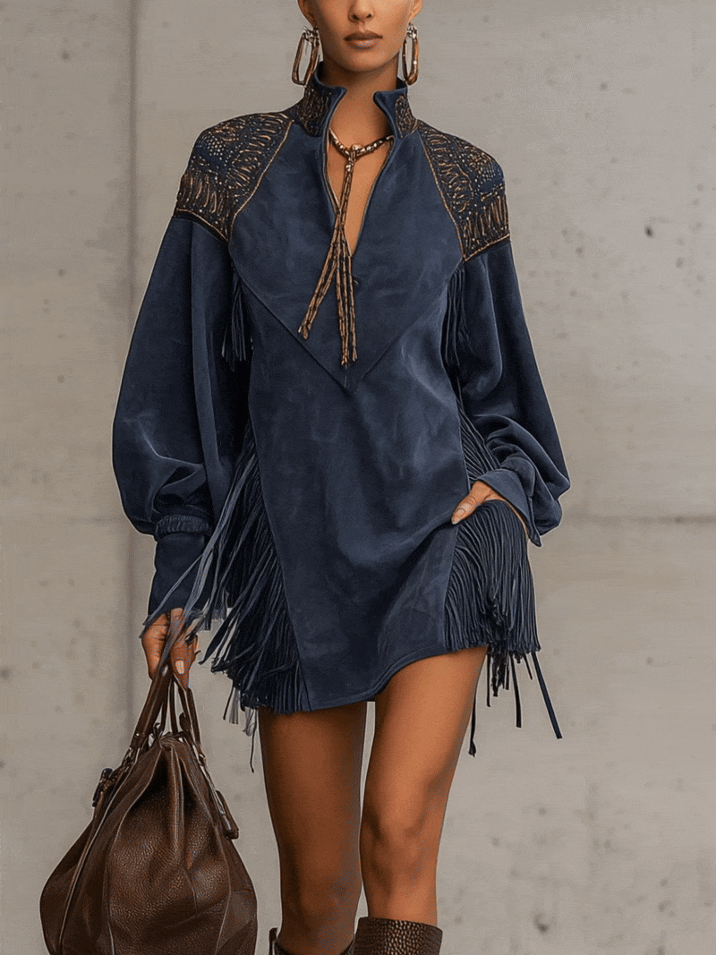 Calvetta – Embroidered fringe detail – Tunic mini dress