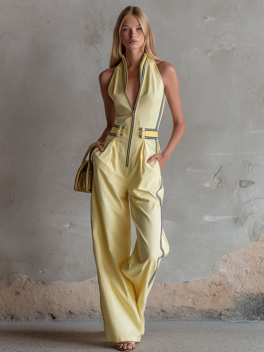 Casual Retro Color-blocked Yellow Cotton Linen Sleeveless Wide-leg Jumpsuit