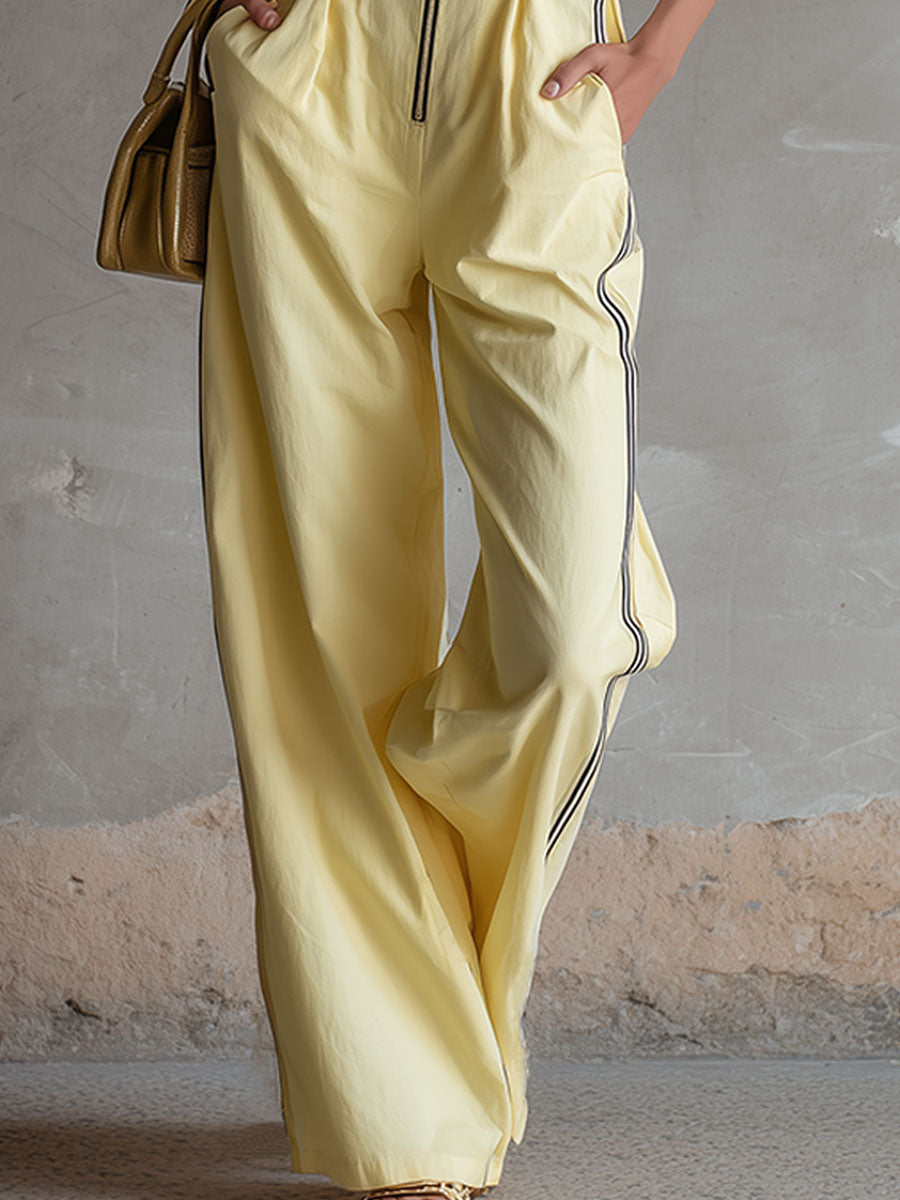 Casual Retro Color-blocked Yellow Cotton Linen Sleeveless Wide-leg Jumpsuit