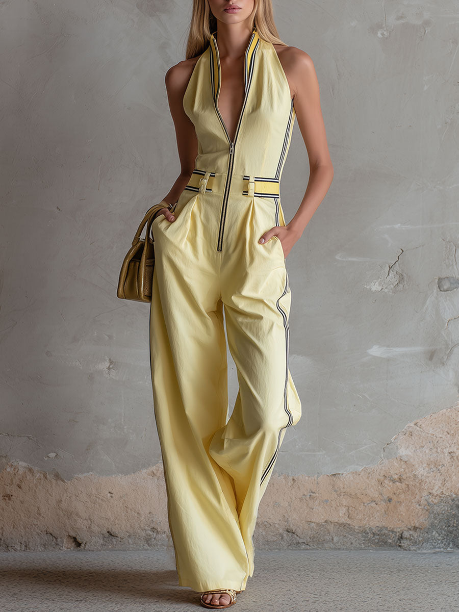 Casual Retro Color-blocked Yellow Cotton Linen Sleeveless Wide-leg Jumpsuit