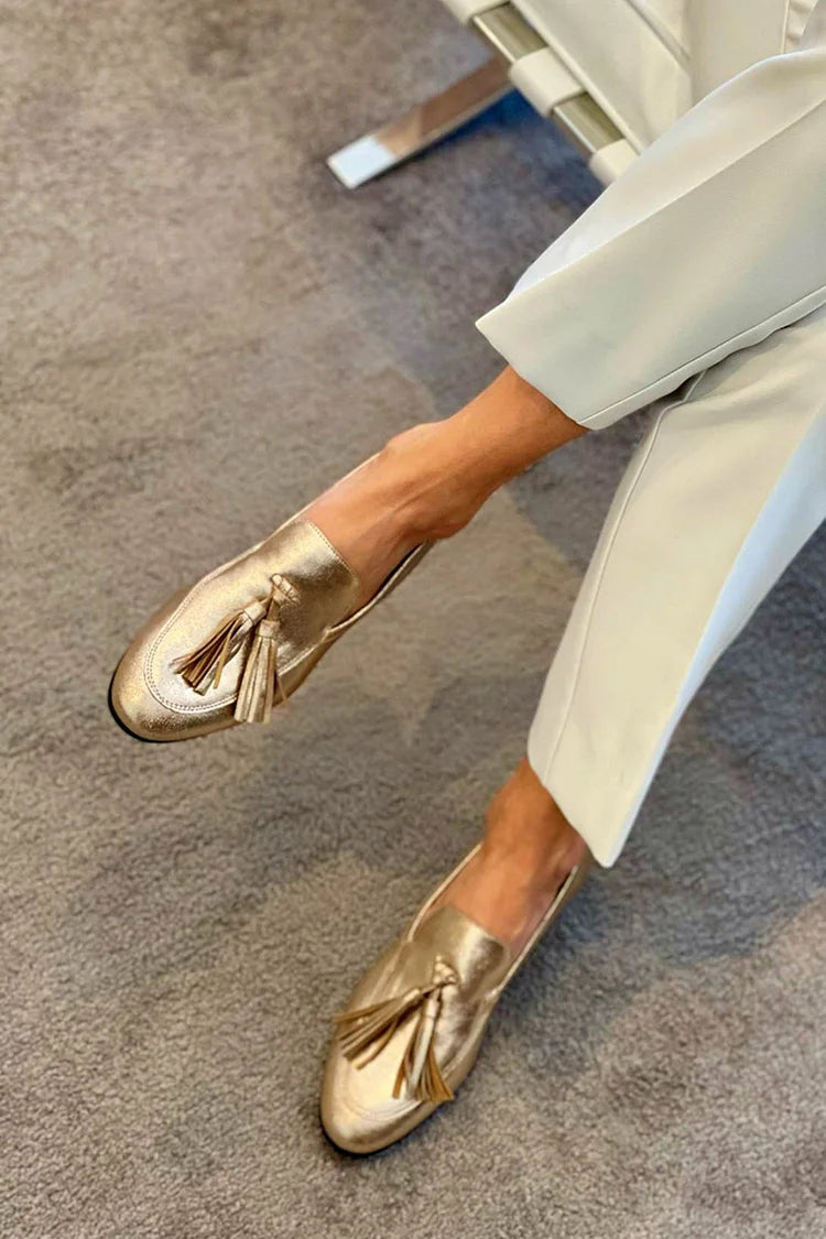 Nina | Gold Leather Moccasins with Tassels
