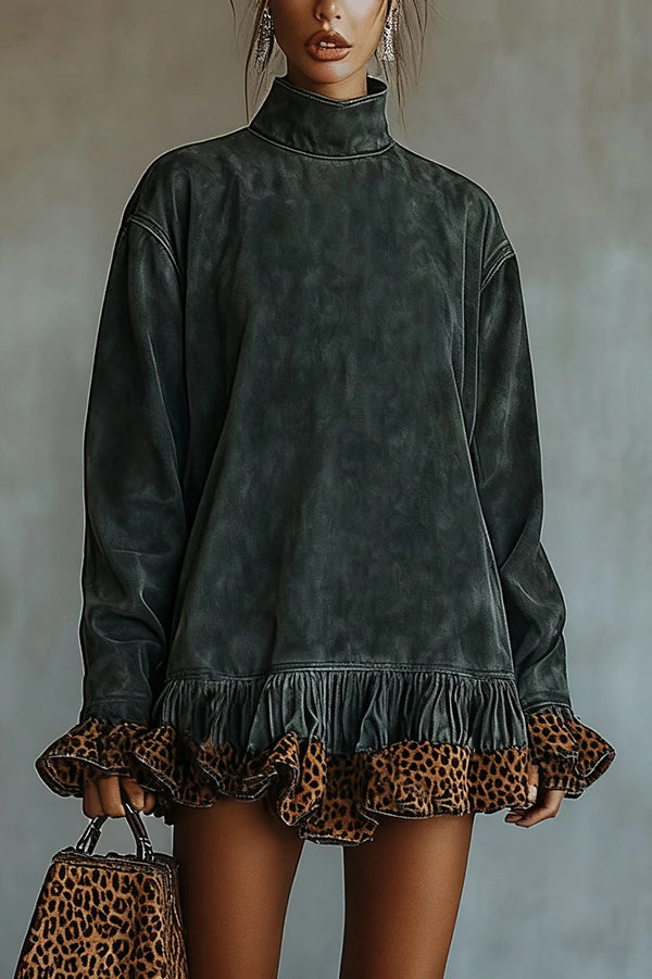 Selvatta – Leopard trim ruffle – Suede mini dress