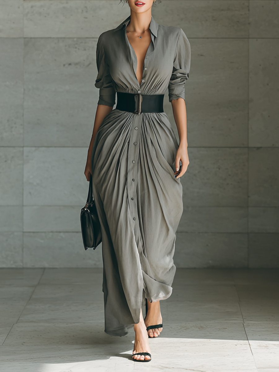 Solenzia – Pleated waist drama – Maxi shirt dress