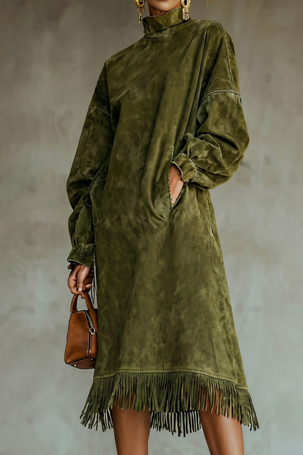 Valdrina – Suede fringe detail – Midi turtleneck dress
