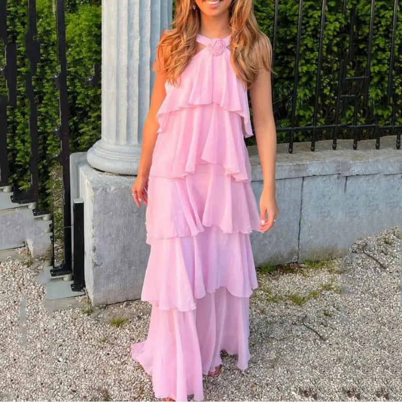 Clara | Halterneck Ruffle Maxi Dress