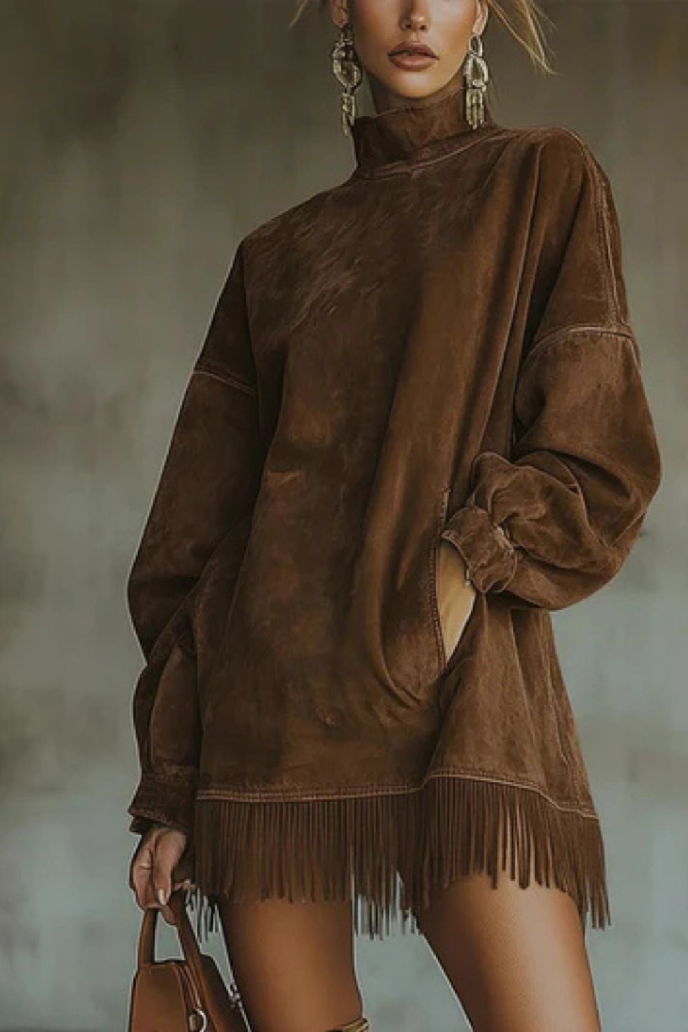 Viretta – Suede fringe detail – Turtleneck mini dress