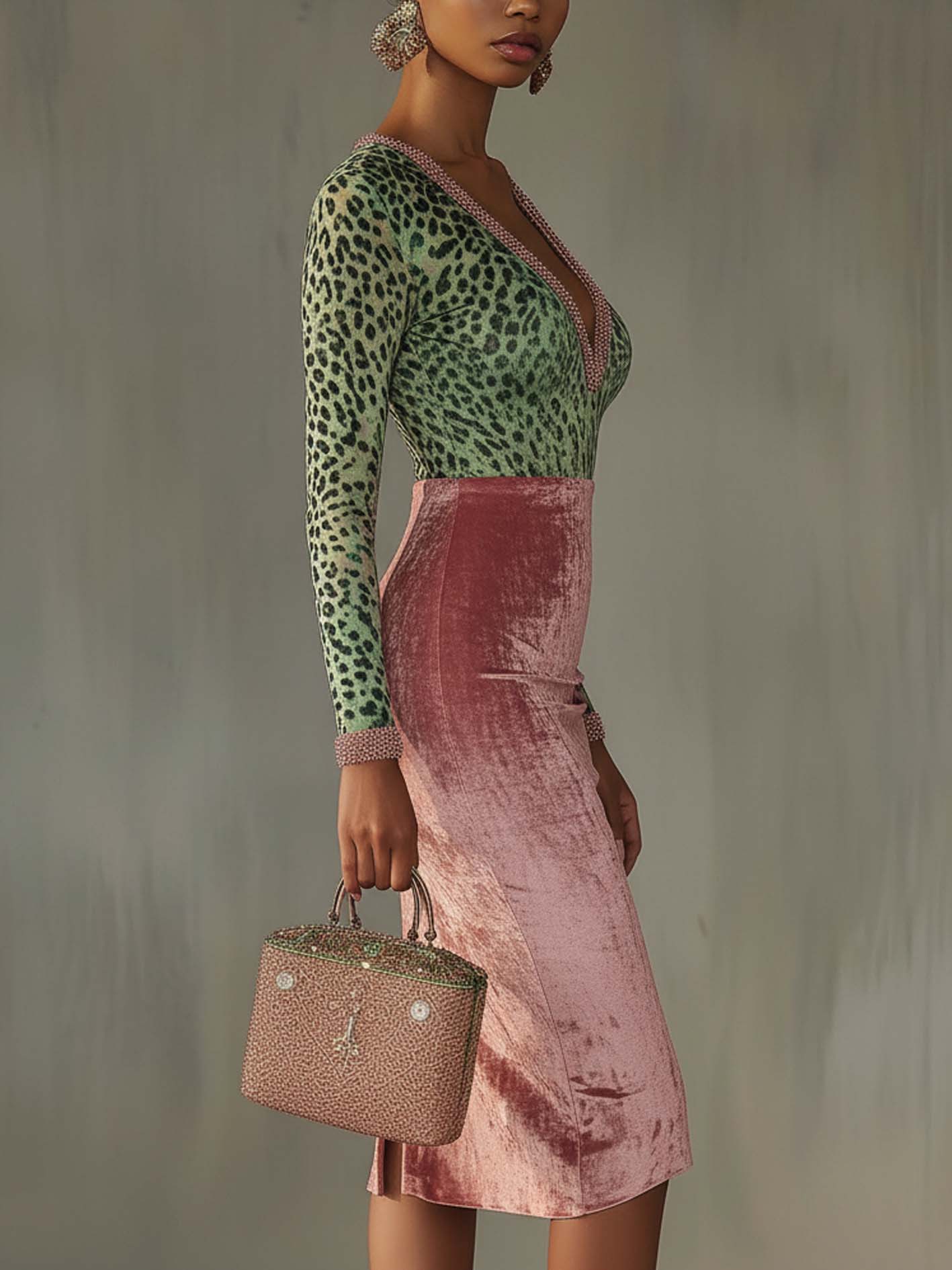 Virelline – Leopard velvet contrast – Bodycon midi dress