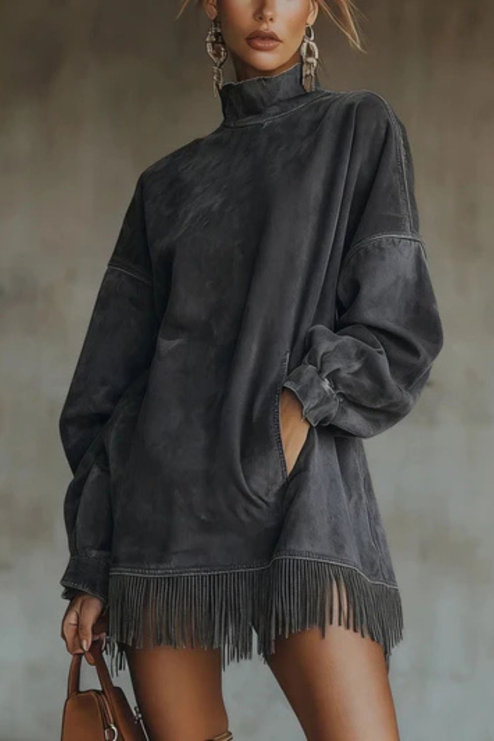 Viretta – Suede fringe detail – Turtleneck mini dress