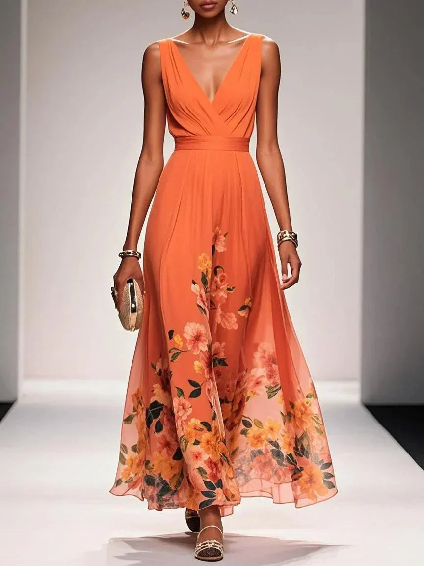 Rosa - Floral Chiffon V-Neck Maxi Dress