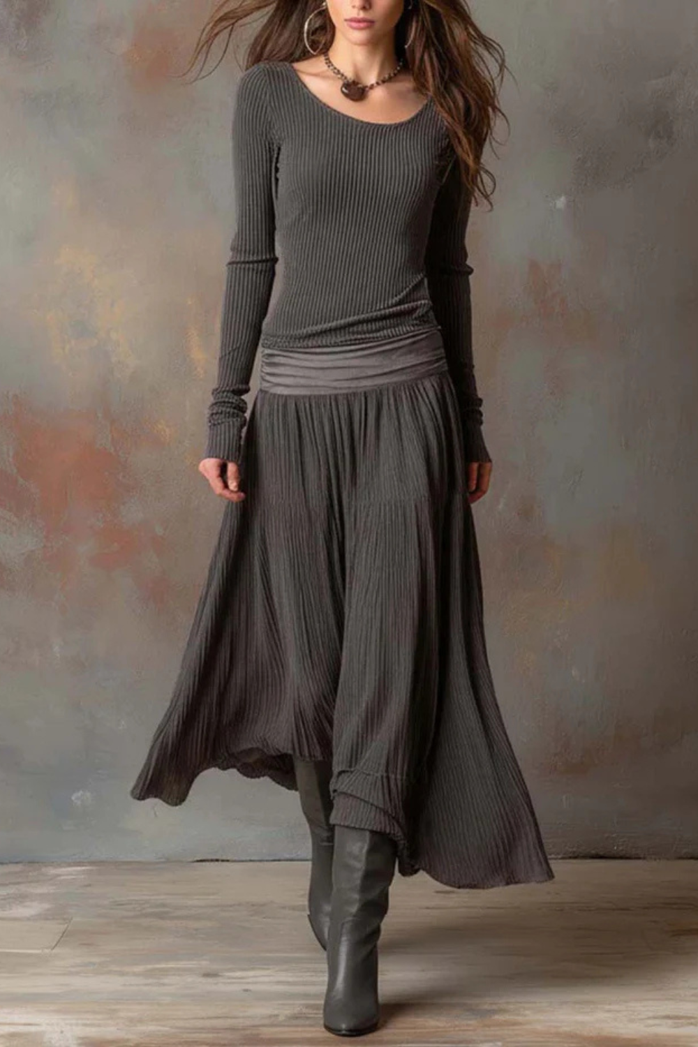 Brunelle – Flowy ribbed design – Long-sleeve maxi dress