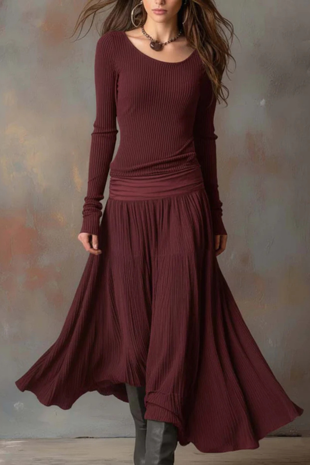 Brunelle – Flowy ribbed design – Long-sleeve maxi dress