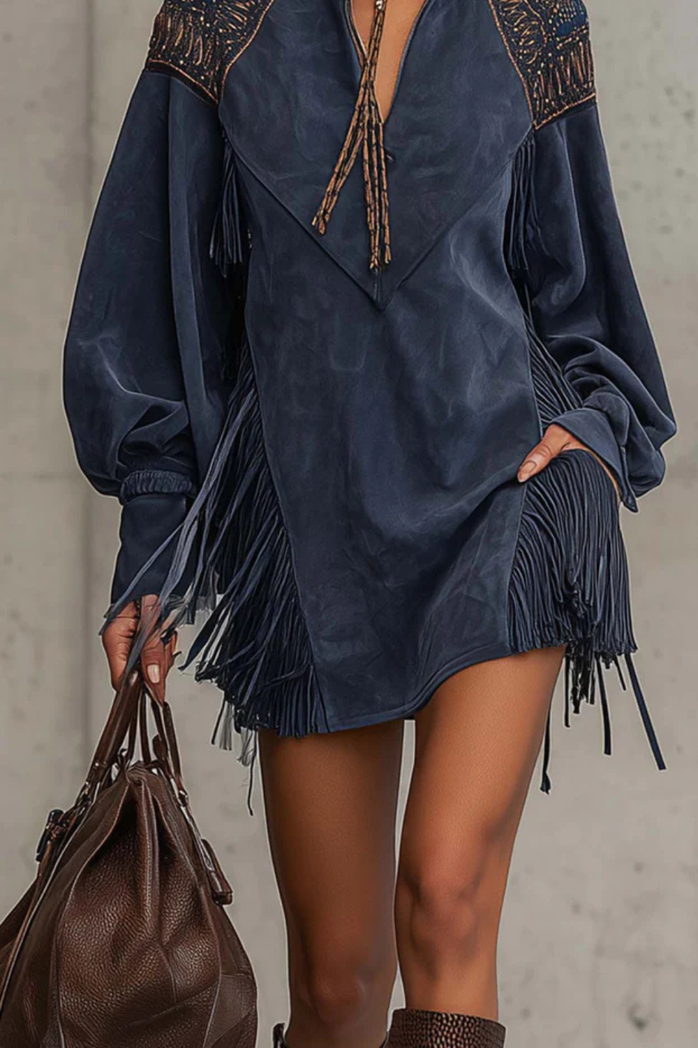 Calvetta – Embroidered fringe detail – Tunic mini dress
