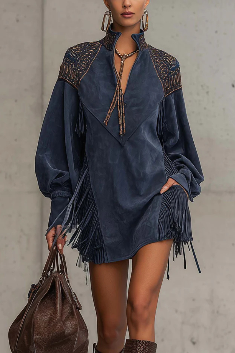 Calvetta – Embroidered fringe detail – Tunic mini dress