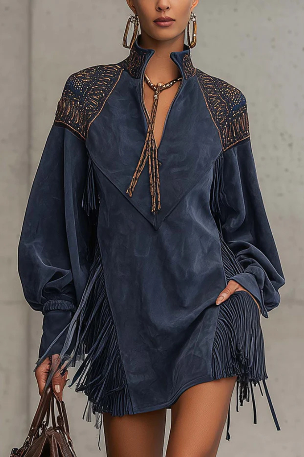 Calvetta – Embroidered fringe detail – Tunic mini dress