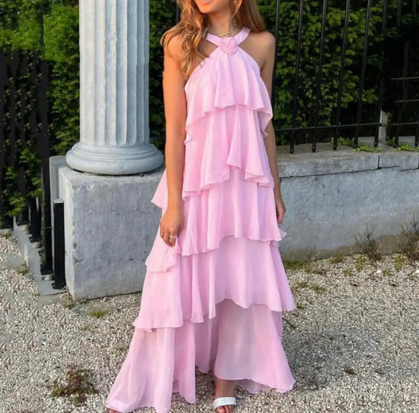 Clara | Halterneck Ruffle Maxi Dress