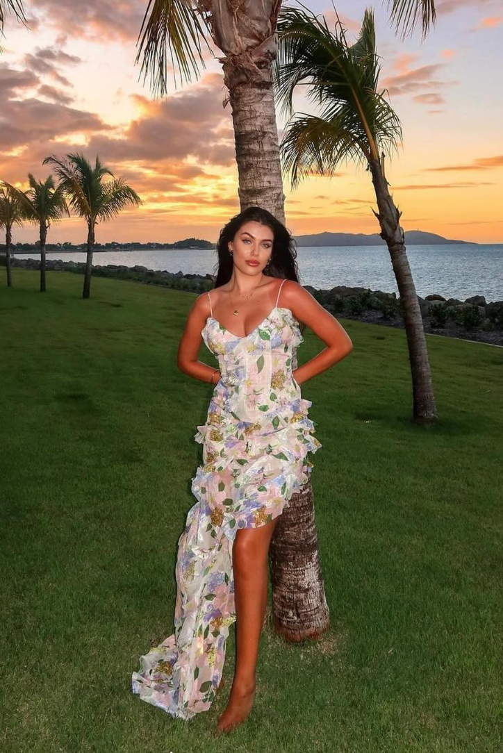 Adeline | White Leaf Print Ruffle Dress