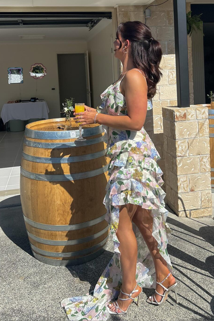 Adeline | White Leaf Print Ruffle Dress