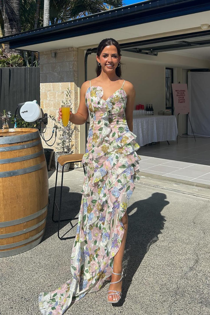 Adeline | White Leaf Print Ruffle Dress