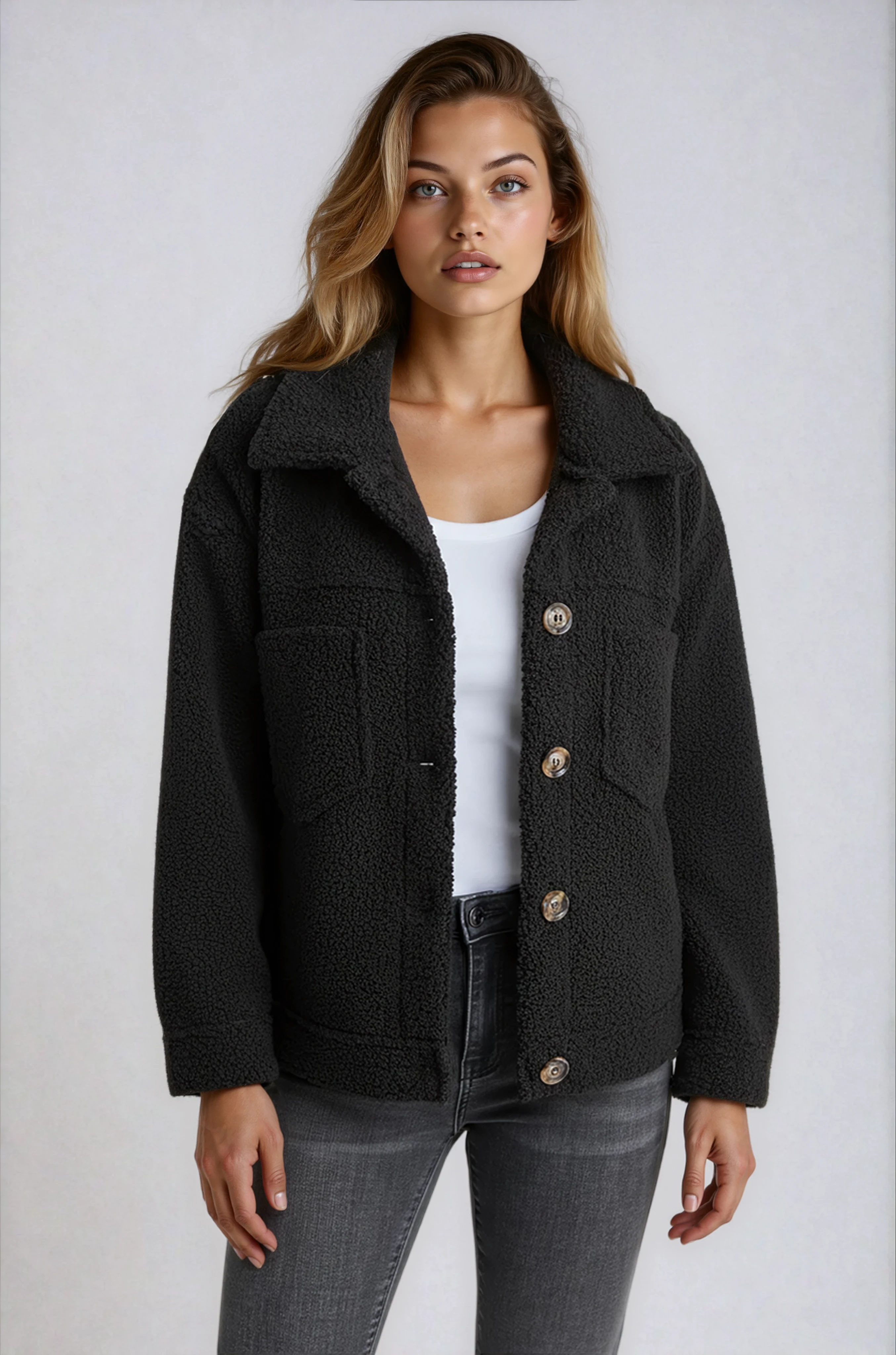 Vespera | Soft Button-Front Teddy Jacket