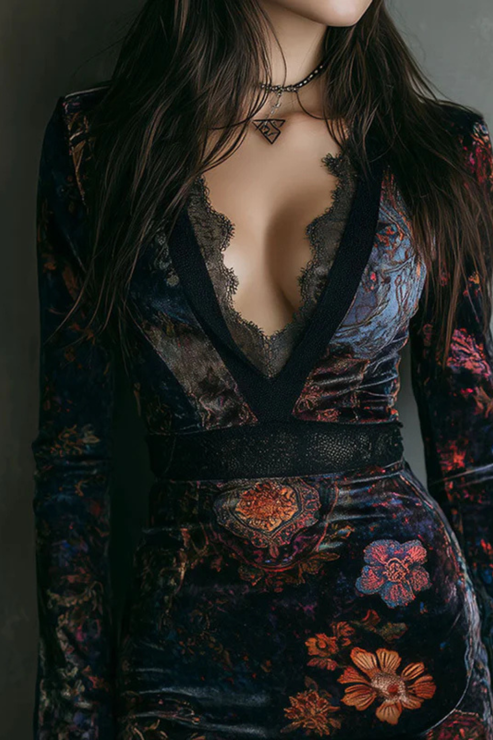 Solenza – Baroque lace plunge – Velvet mini dress