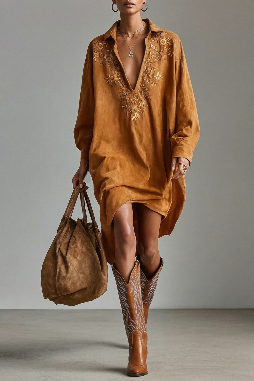 Solvèra – Embroidered plunge detail – Suede shirt dress