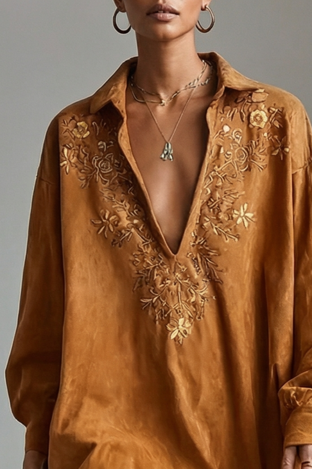 Solvèra – Embroidered plunge detail – Suede shirt dress