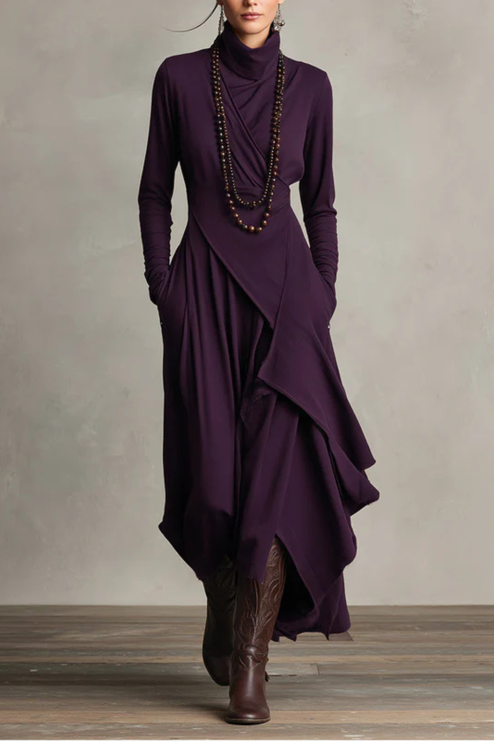 Sorellia – Draped asymmetry – High-neck midi dress