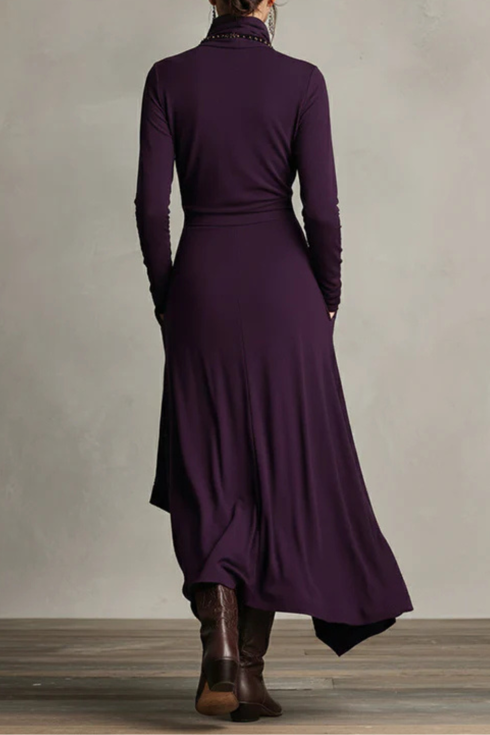 Sorellia – Draped asymmetry – High-neck midi dress