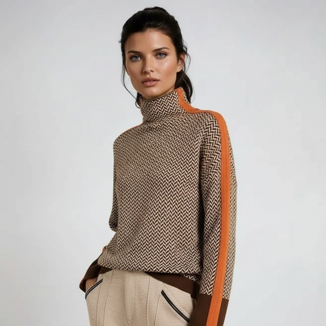 Elara | Contrast Striped Roll Neck Sweater