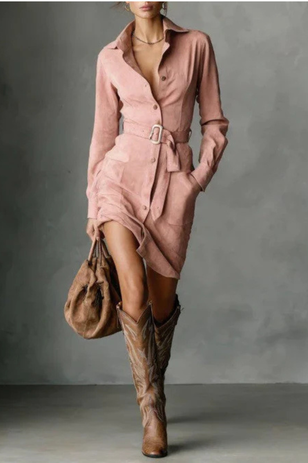 Vellessa – Belted silhouette – Suede midi dress
