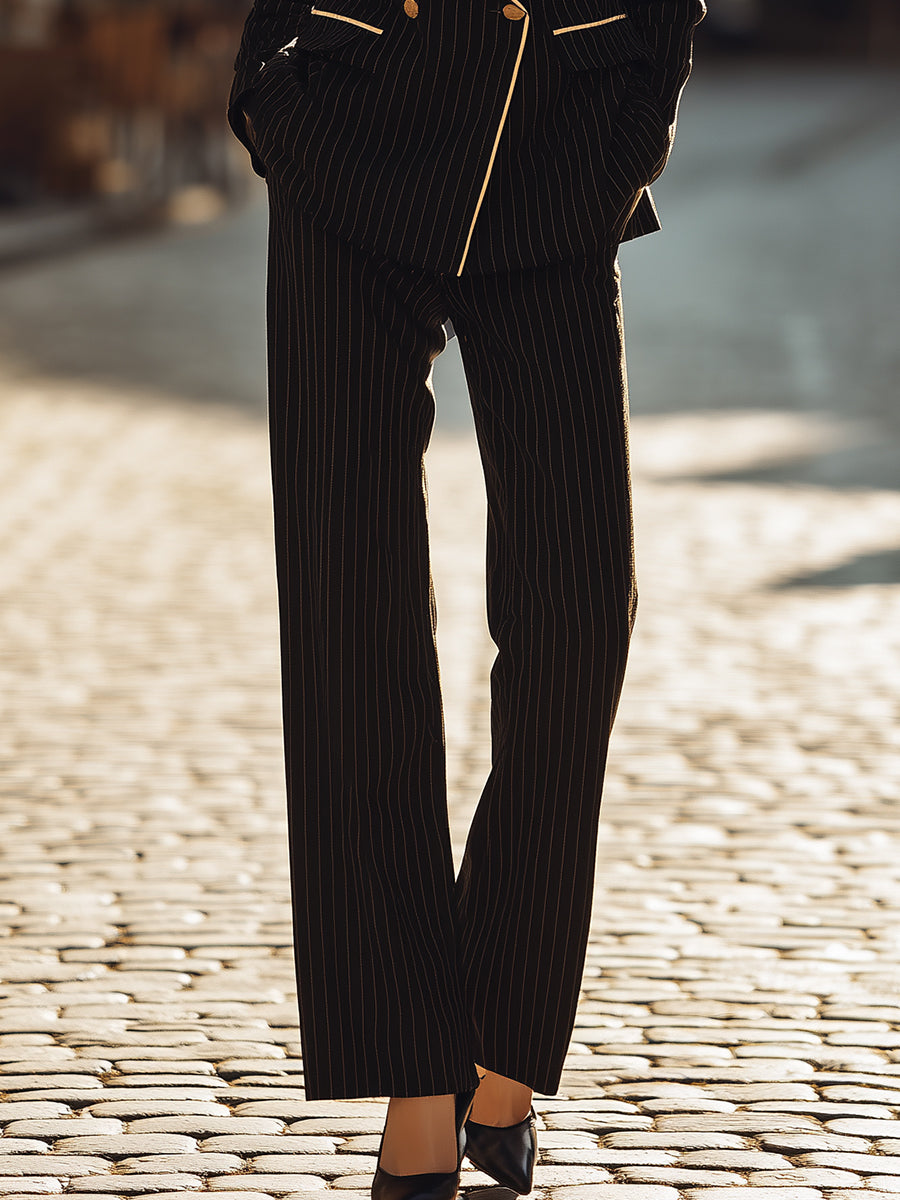 Isolde | Black Pinstripe Suit with Contrast Trim